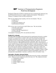 I Institute of Transportation Engineers Work Force Development The Board of Direction for ITE has undertaken the task of identifying the important areas that ITE should be involved in to support workforce development. Fo