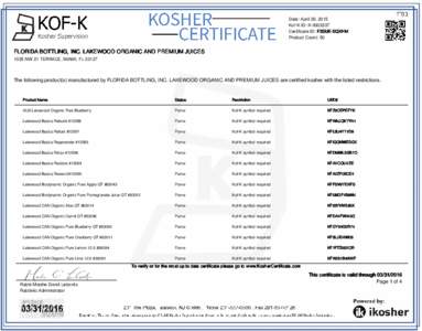 KOSHER CERTIFICATE KOF-K  Kosher Supervision