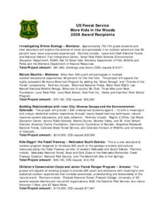 US Forest Service More Kids in the Woods 2008 Award Recipients Investigating Winter Ecology – Montana: Approximately 750 fifth grade students and their educators will explore the science of snow and participate in an o