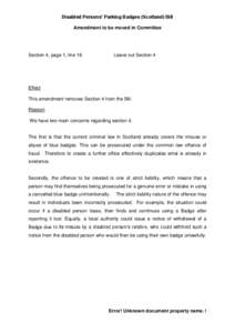 Disabled Persons’ Parking Badges (Scotland) Bill Amendment to be moved in Committee Section 4, page 1, line 16  Leave out Section 4