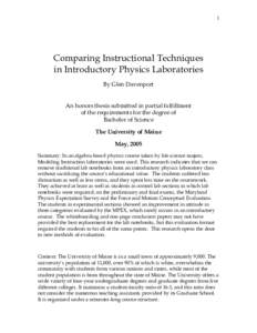 1  Comparing Instructional Techniques in Introductory Physics Laboratories By Glen Davenport An honors thesis submitted in partial fulfillment