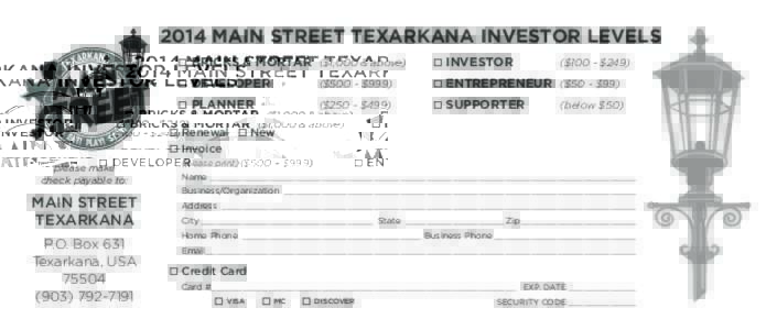 2014 MAIN STREET TEXARKANA INVESTOR LEVELS 	  BRICKS & MORTAR	 ($1,000 & above)  INVESTOR	  	  DEVELOPER