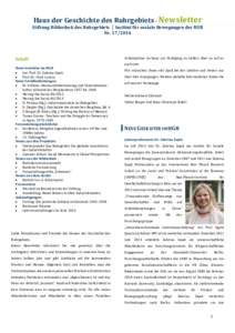 Haus der Geschichte des Ruhrgebiets – Newsletter Newsletter NrStiftung Bibliothek des Ruhrgebiets │ Institut für soziale Bewegungen der RUB NrInhalt