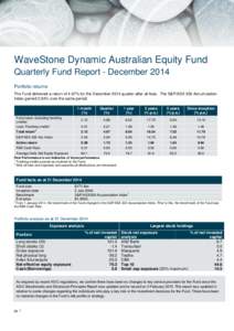 WaveStone Dynamic Australian Equity Fund Quarterly Fund Report - December 2014 Portfolio returns The Fund delivered a return of 4.67% for the December 2014 quarter after all fees. The S&P/ASX 300 Accumulation Index gaine