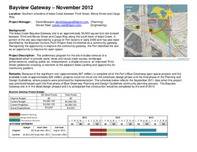 Bayview Gateway – November 2012 Location: Southern shoreline of Islais Creek between Third Street, Illinois Street and Cargo Way Project Manager:  David Beaupre, [removed] (Planning)