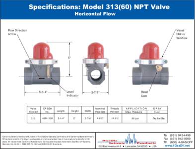 Specifications: Model[removed]NPT Valve Horizontal Flow Flow Direction Arrow