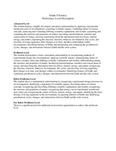 Grade 8 Science Proficiency Level Descriptors Advanced Level The student displays a highly developed conceptual understanding by applying experimental design processes to investigations; examining scientific inquiry; exp