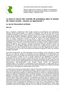 Jean-Claude Pittet, Directeur de l’Association du Relais Mémoire présenté pour l’obtention du Master en Administration Publique (MPA) de l’Institut de hautes études en administration publique (Idheap) - Septemb