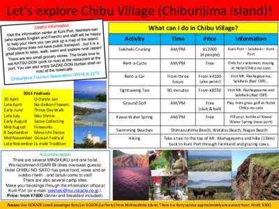 Let’s explore Chibu Village (Chiburijima Island)! What can I do in Chibu Village? 2014 Festivals 20 April O-Daishi-san