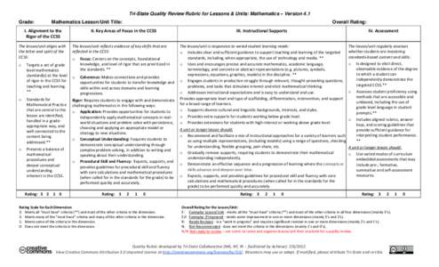 Tri-State Quality Review Rubric for Lessons & Units: Mathematics – Version 4.1 Grade: Mathematics Lesson/Unit Title:  I. Alignment to the