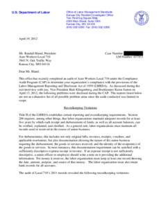 U.S. Department of Labor  Office of Labor-Management Standards Kansas City Resident Investigator Office Two Pershing Square Bldg[removed]Main Street, Suite 1000