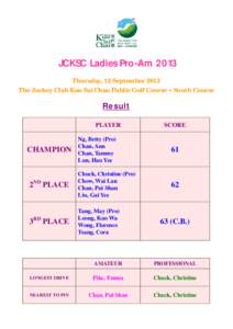 JCKSC Ladies Pro-Am 2013 Thursday, 12 September 2013 The Jockey Club Kau Sai Chau Public Golf Course – South Course Result PLAYER