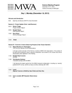 Science Meeting Program December 16-17, 2013 Victoria University of Wellington Day 1, Monday (December 16, 2013) Welcome and Introduction