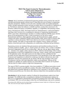 Session 209  TEST-The Expert System for Thermodynamics Subrata (Sooby) Bhattacharjee Professor, Mechanical Engineering San Diego State University