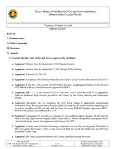 Action Notes of the Board of County Commissioners Okeechobee County Florida Thursday, October 13, 2011 Regular Session Roll Call