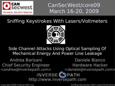 CanSecWest/core09 March 16-20, 2009 Sniffing Keystrokes With Lasers/Voltmeters Side Channel Attacks Using Optical Sampling Of Mechanical Energy And Power Line Leakage