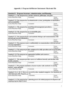 Appendix 1. Program Self-Review Instrument: Electronic File Standard 1. Program Structure, Administration, and Planning Standard 1. A. The program has a mission statement, philosophy, and goals. Action Plan/Next Steps Co