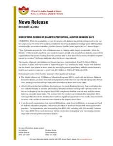 2012 NEWS RELEASE: MORE FOCUS NEEDED ON DIABETES PREVENTION, AUDITOR GENERAL SAYS