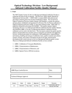 Optical Technology Division: Low Background Infrared Calibration Facility Quality Manual 1. Scope The NIST Quality System for the Low Background Infrared Calibration Facility is organized into three levels of manuals. Th