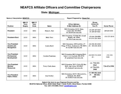 NEAFCS Affiliate Officers and Committee Chairpersons State: Michigan Name of Association: MEAFCS Report Prepared by: Diana Fair