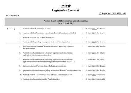 立法會 Legislative Council LC Paper No. CB[removed]Ref : CB2/R/2/11 Position Report on Bills Committees and subcommittees (as at 17 April 2012)