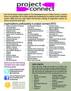 Each fall the Greater Victoria Coalition to End Homelessness puts on Project Connect, a one-day service and information fair for those experiencing homelessness and extreme poverty. Attendees receive a BBQ lunch and a wi