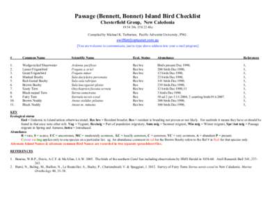 Passage (Bennett, Bonnet) Island Bird Checklist Chesterfield Group, New Caledonia39s48e Compiled by Michael K. Tarburton, Pacific Adventist University, PNG. [You are welcome to communicate, just re-type ab