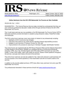 Media Relations Office www.IRS.gov/newsroom Washington, D.C.  Media Contact: [removed]