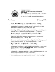 PRESS SECRETARIAT MINISTRY OF THE PRIME MINISTER & CABINET APIA, SAMOA Phone[removed][removed]63222 ext 746, 747, 748 Fax[removed], Email: [removed]