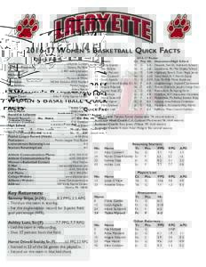 Women’s Basketball Quick Facts Quick Facts Institution..................................................................Lafayette College Location/Founded................................................... East