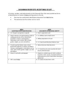 SAVANNAH RIVER SITE ACCEPTABLE ID LIST All visitors, vendors, and subcontractors to the Savannah River Site must provide two forms of identification to receive a Badge granting access to the site. • •