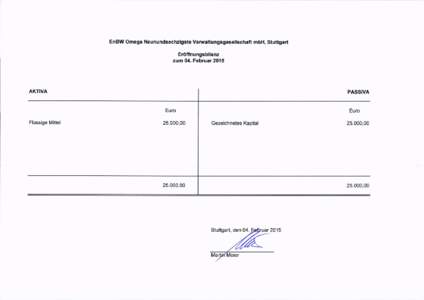 EnBW Omega Neunundsechzigste Verwaltungsgesellschaft mbH, Stuttgart  Eröffnungsbilanz zum 04. FebruarEuro