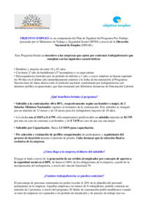 OBJETIVO EMPLEO es un componente del Plan de Equidad del Programa Pro-Trabajo ejecutado por el Ministerio de Trabajo y Seguridad Social (MTSS) a través de la Dirección Nacional de Empleo (DINAE). Este Programa brinda u