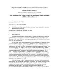 Department of Natural Resources and Environmental Control Division of Water Resources Statutory Authority: 7 Delaware Code, Chapter 60 Total Maximum Daily Loads (TMDLs) for Indian River, Indian River Bay, and Rehoboth Ba