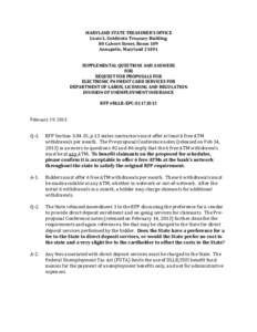 MARYLAND STATE TREASURER’S OFFICE Louis L. Goldstein Treasury Building 80 Calvert Street, Room 109 Annapolis, Maryland[removed]SUPPLEMENTAL QUESTIONS AND ANSWERS FOR