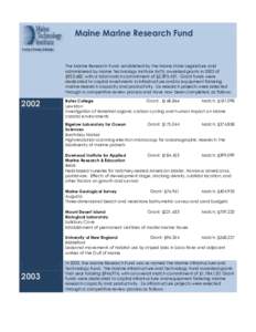 Maine Marine Research Fund  The Marine Research Fund, established by the Maine State Legislature and administered by Maine Technology Institute (MTI), awarded grants in 2002 of $923,682, with a total match commitment of 