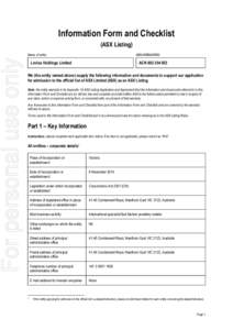 Information Form and Checklist (ASX Listing) For personal use only  Name of entity