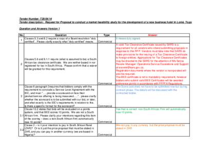 Tender Number: T20[removed]Tender description: Request for Proposal to conduct a market feasibility study for the development of a new business hotel in Lomé, Togo Question and Answers Version 1 Question Type Clauses 5.3 