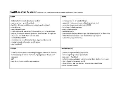 SWOT-analyse Deventer (gedestilleerd uit 10 kwalitatieve sessies met mensen van binnen en buiten Deventer) STERK ZWAK  - historische binnenstad/cultureel aanbod