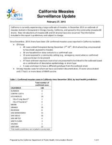 California Measles Surveillance Update February 27, 2015 California is currently experiencing a large outbreak of measles. In December 2014 an outbreak of measles started in Disneyland in Orange County, California, and s