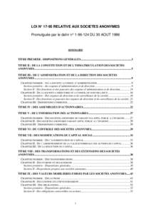 LOI N° 17-95 RELATIVE AUX SOCIETES ANONYMES Promulguée par le dahir n° [removed]DU 30 AOUT 1996 SOMMAIRE  TITRE PREMIER : DISPOSITIONS GENERALES........................................................................3