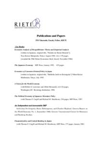 Publications and Papers ITO Takatoshi, Faculty Fellow, RIETI (1a) Books Economic Analysis of Disequilibrium: Theory and Empirical Analysis [written in Japanese, original title, 