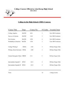 College Courses Offered at Ada-Borup High SchoolCollege in the High School (CIHS) Courses:  Course Title