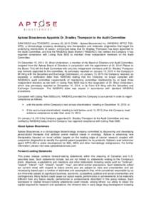 [removed]Aptose Audit Committee Deficiency-Compliance Press Release January 2015