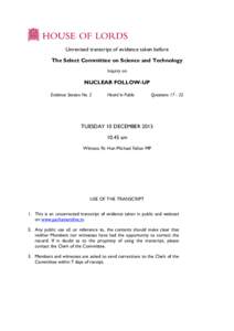 Unrevised transcript of evidence taken before The Select Committee on Science and Technology Inquiry on NUCLEAR FOLLOW-UP Evidence Session No. 2