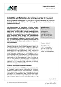 Presseinformation Nr. 049 | kes | ENSURE will Netze für die Energiewende fit machen Konsortium ENSURE erhält Zuschlag als eines der vier 