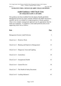 Title: Single Quarry Small Business Health & Safety Management System Audit Guidance Author: J. Bennett, Camborne School of Mines ISSUE: 4 Date: MayGUIDANCE FOR A SINGLE QUARRY SMALL BUSINESS