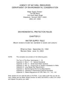 AGENCY OF NATURAL RESOURCES DEPARTMENT OF ENVIRONMENTAL CONSERVATION Water Supply Division The Old Pantry 103 South Main Street Waterbury, Vermont[removed]