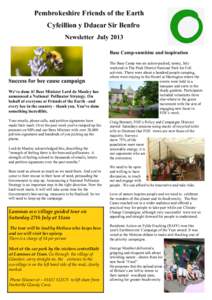 Pembrokeshire Friends of the Earth Cyfeillion y Ddaear Sir Benfro Newsletter July 2013 Base Camp-sunshine and inspiration  Success for bee cause campaign