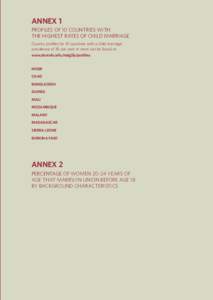 ANNEX 1 Profiles of 10 Countries with the Highest Rates of Child Marriage Country profiles for 41 countries with a child marriage prevalence of 30 per cent or more can be found at: www.devinfo.info/mdg5b/profiles